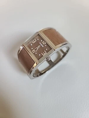 Chico's Hinged Bangle Bracelet Watch Wood Accent/Silver Tone Japan Movement.... - Image 1 of 4
