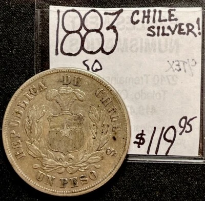 1883 Chile Shield And Condor One Peso Silver World Coin. ENN Coins - Image 1 of 3