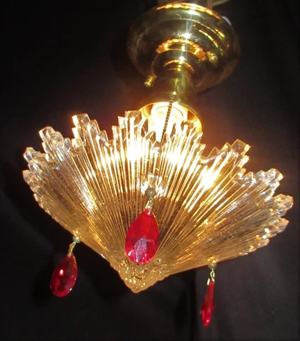 VTG STAR BURST 3 CHAIN GLASS SHADE CEILING LIGHT CHANDELIER FIXTURE RED CRYSTALS Cover