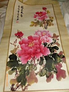 Vintage Chinese Watercolor Painting Scroll Peonies Signed - Picture 1 of 6