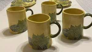 Tommy Bahama Ambiance Ceramic Mugs Yellow & Green Leaf Pattern Set of 4 Retired - Picture 1 of 7