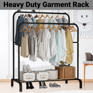 Heavy Duty Garment Rack Clothes Rack Double Rod Clothing Rack Organizer w/ Shelf - Picture 1 of 12