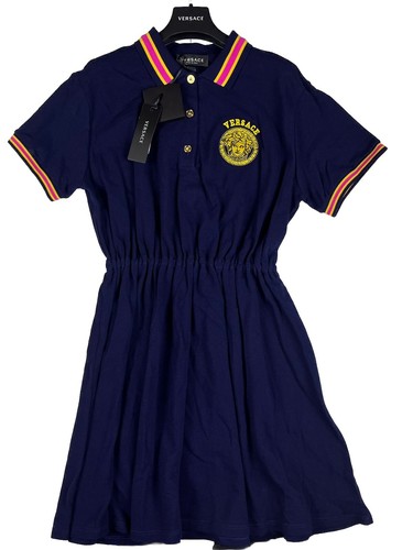 Polo Versace Medusa logo manica corta vestito bambina 12A bottoni blu navy oro