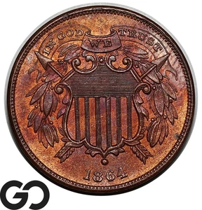 1864 Two Cent Piece, Small Motto, RARE This Nice, Gem BU++ RB Key Date - Picture 1 of 3