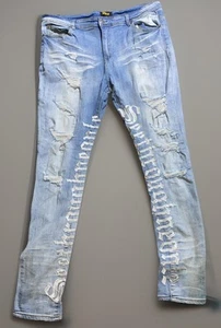 GFTD LOS ANGELES SKINNY Blue Jeans Mens 40x32 Distressed Stretch Embroidered - Picture 1 of 16