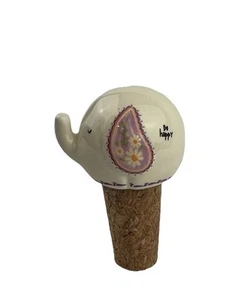 Ceramic Glazed Elephant with Flowers “Be Happy” Cork Wine Bottle Stopper - Picture 1 of 12