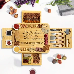 Custom Cheese Board Bamboo 4 Drawer with Utensils Custom Engraved Wedding Gift - Picture 1 of 13