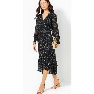 NEW LILLY PULITZER Cristiana Midi Maxi Dress Size 6 Black Onxy Gold Clip - Image 1 of 4
