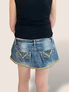 Vintage Y2K 00s Cato Rhinestone Embroidered Micro Mini Jean Skirt Uk 12-14 - Picture 1 of 7
