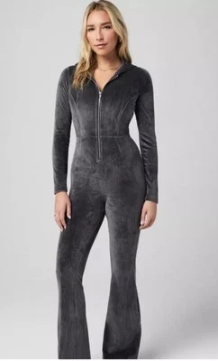 $109 Fabletics Grey Plush Rib Velvet Hooded Jumpsuit Flare Velour Tracksuit Xs - Image 1 of 4