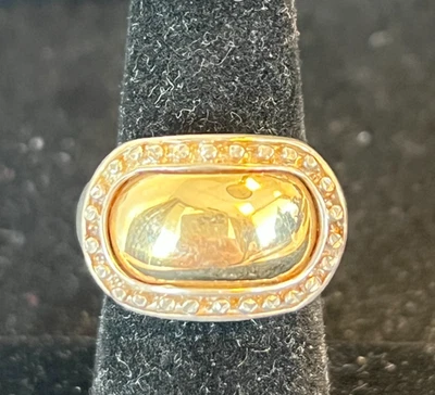 14k 黄金和纯银圆顶戒指 带串珠边缘 尺寸 7 表带 — 第 1/4 张图片