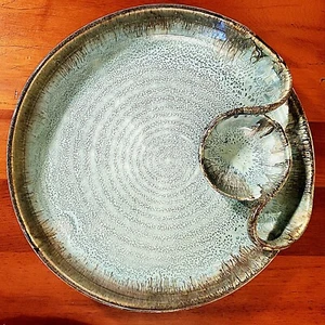 13.5x2.5" Handmade Layered Glassy Drip Glazed Pottery Chips and Dip Bowl Seafoam - Picture 1 of 13