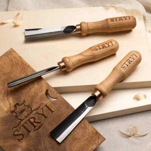 Wood carving tools set of 3, Straight gouge set, Forged steel tools, Carver Gift - Picture 1 of 7