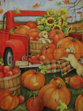 RED TRUCK DOG PUMPKINS SUNFLOWERS FALL AUTUM COTTON FABRIC PANEL 