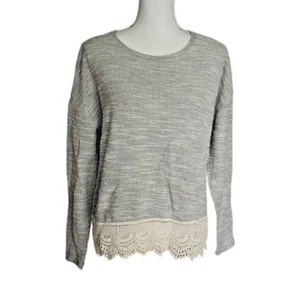 Hannah Women’s Top Crochet Lace Trim BohoLong Sleeve Knit Pullover Gray Size M - Picture 1 of 10