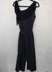 DKNY Asymmetric Neck Rhinestone Studded Fringe Jumpsuit Womens 10  Party Holiday - Picture 1 of 11