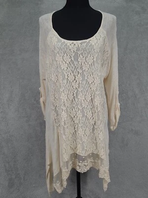 Blusa túnica mujer lino encaje transparente talla 1X beige cupio BOHO campesina pura Foto 1 de 4