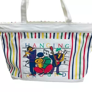 Vintage 90’s Striped Canvas Zip Tote Bag Hanging Around Music 19 x 13” Large - Bild 1 von 8