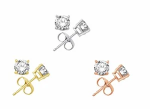 Sterling Silver Studs with D Color Internally Flawless Round CZ in 3 Colors - Picture 1 of 11