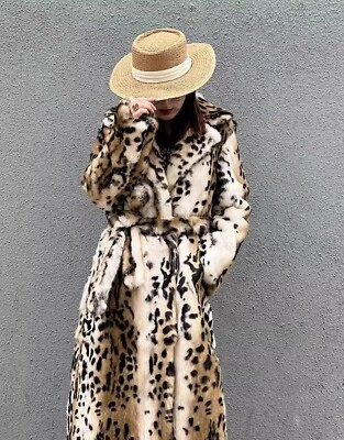 Real Natural Rabbit Fur Coat Women Leopard English Collar Long Jacket Outwear - Image 1 of 4