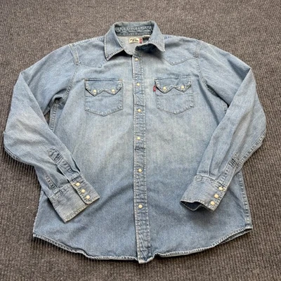 Camisa Levis Para Hombres Mediana Azul Denim Perla Snap Western Yugo Vaquero Jean Años 90 Y2K Foto 1 de 4