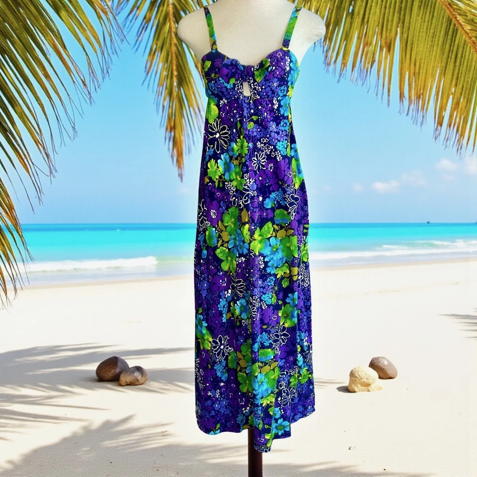 Vintage Hawaiian Floral Rockabilly Tie Front Handmade Maxi Tiki Dress  - Image 1 of 4