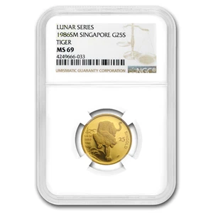 1986 Singapore 1/4 oz Gold 25 Singold Tiger MS-69 NGC - Picture 1 of 3
