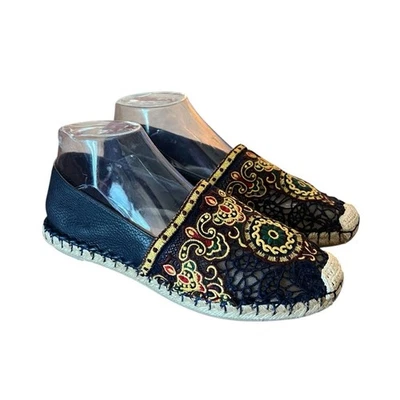 Valentino Garavani Navy Blue Leather and Floral Lace Espadrille Flats EU 38 US 8 - Image 1 of 4
