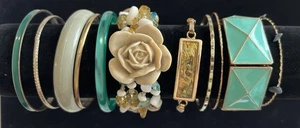 Lot Of 11 Piece Gold & Turquoise Tone Bangle Bracelet VTG -MOD Jewelry E28 - Picture 1 of 9