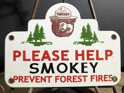 ВИНТАЖНЫЙ ФАРФОРОВЫЙ ЗНАК ДЫМЧАТЫЙ МЕДВЕДЬ ПРЕДОТВРАЩАЕТ ЛЕСНЫЕ ПОЖАРЫ 8 ДЮЙМОВ ВЕРХНЯЯ ЧАСТЬ ГАЗОЙЛЬ - Изображение 1 из 4