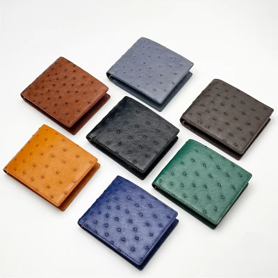 Cartera plegable de cuero de avestruz genuino para hombre Cartera hecha a mano Regalo para padre Foto 1 de 4