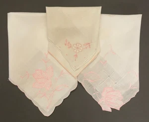 Vintage Women's Handkerchiefs White Cotton Pink Floral Embroidered Applique 4 - Picture 1 of 12