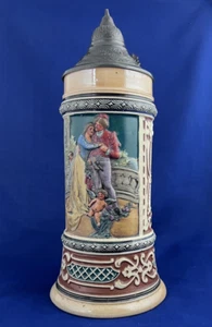 "LOVERS" Rosskopf & Gerz 0.5L German Lidded Beer Stein c1900 Pewter Oktoberfest - Picture 1 of 12