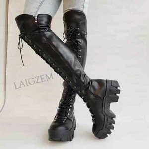 Women Over Knee High Boots Round Toe Full Zipper 7CM Mid Heels Boots Shoes Woman - Picture 1 of 8