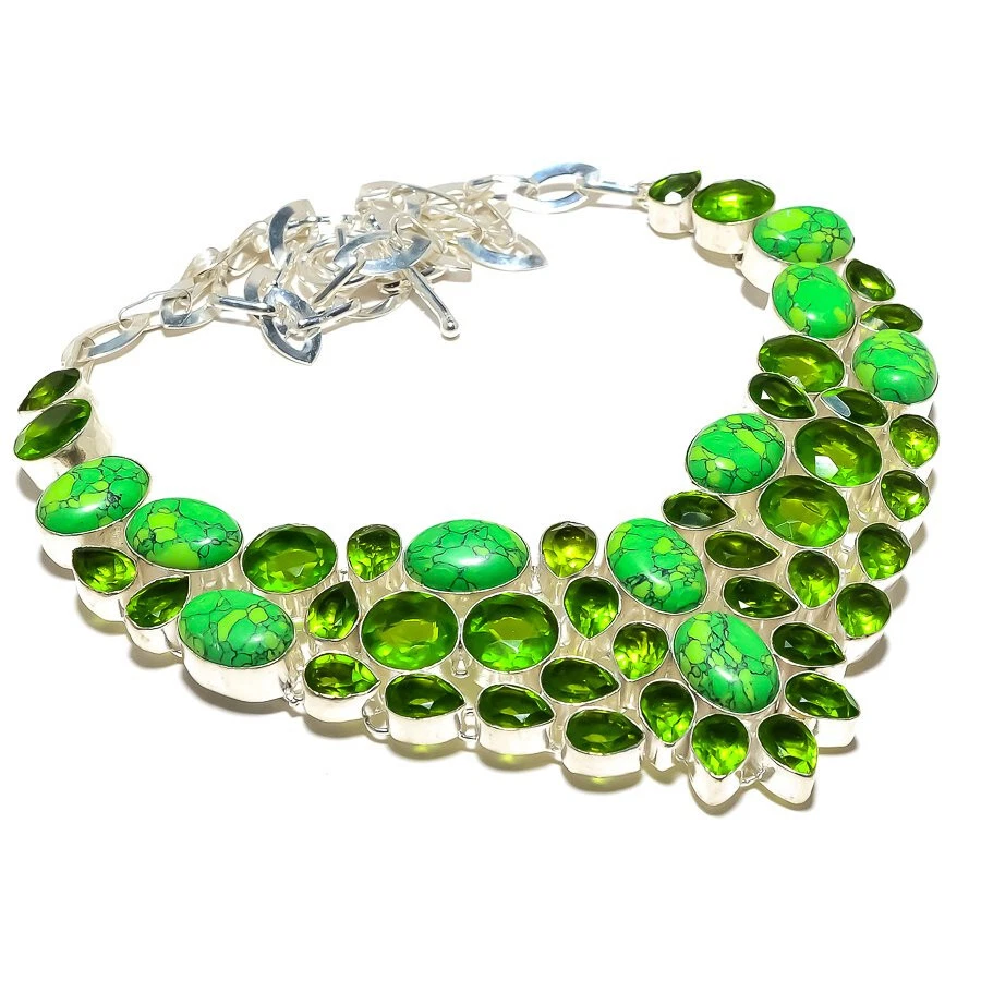 Colar folheado a prata pedra preciosa peridoto turquesa verde mohave 18" - Imagem 1 de 1