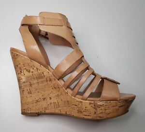 G BY GUESS SIZE 7UK EUR41 WOMENS TAN NUDE CORK WEDGE PLATFORM GLADIATOR SANDALS