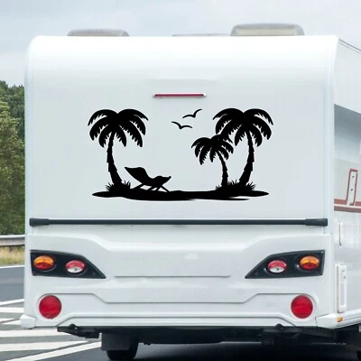 Palm Trees Beach Scene Vinyl Decal V7 | Seagulls Chair Sunset RV | Sticker - Изображение 1 из 4