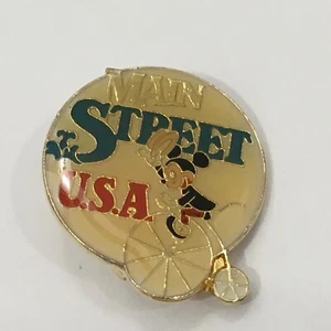 Vintage Mickey Mouse Disney On A Bicycle MAIN STREET USA  Button Pinback Pin VGC - Picture 1 of 4