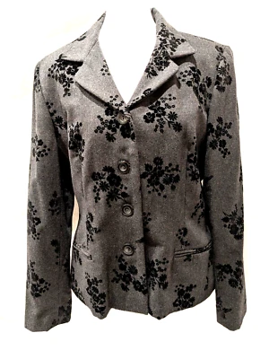 Blazer Neiman Marcus Mujer 12 Gris Negro Terciopelo Floral Bolsillos 60% Lana Botón Foto 1 de 4