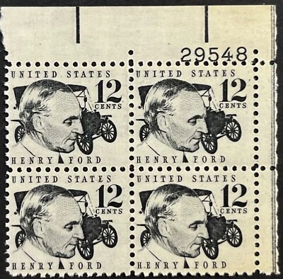 US Prom. Americans, Scott 1286A, 12c Henry Ford, P.B. of 4, Tagged, MNH, VF - Image 1 of 2