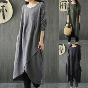 Mujeres Maxi Vestido Suelto Algodón Lino Damas Informal Suelto Manga Larga Tunci Kaftan - Imagen 1 de 19