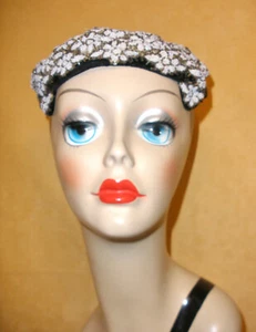 1950's White & Silver Glass Bead Evening Hat w/ Velvet Trim - Hand Beaded - Picture 1 of 7