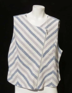 BLACK LABEL CHICO’S Ivory Blue Gray Striped Zip Vest Jacket Top 3 US L XL 14 16 - Picture 1 of 5