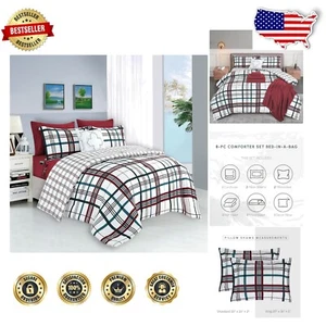 8-Piece Microfiber Plaid Bed Set - Complete Comforter with Decorative Pillow - Picture 1 of 10