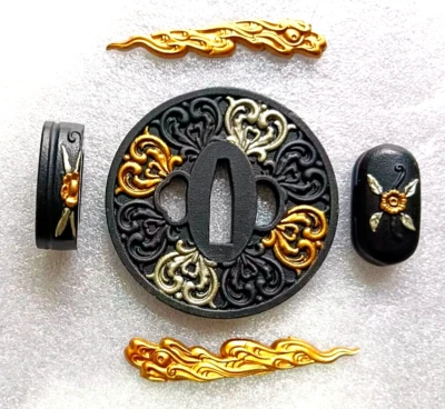 Juego Espada Redonda Parte Tsuba Hoja Fuchi Menuki Kashira Guardia Para Samurai Katana Foto 1 de 4