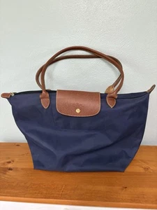 Longchamp Le Pliage Nylon Tote Handbag Large Navy Blue Gold Hardware Leather - Picture 1 of 12