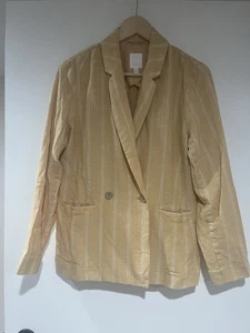 LC Lauren Conrad Linen Blend Blazer Yellow White Stripe Wood Buttons Women Sz M - Picture 1 of 4