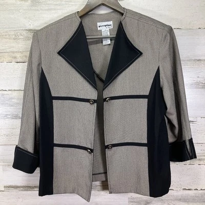 Perceptions  Irene B Womens Gray & Black 3/4 Sleeve Open Front Blazer Jacket 14 - Image 1 of 4