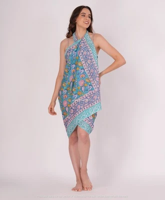 Indian Sarong Green Block Printed Floral Bikini Cover Up Summer Beach Wear Pareo - Image 1 of 4