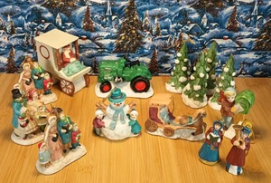 14 Porcelain Village Pieces Or Ornaments Tractor People Milkman Trees Christmas - Picture 1 of 9